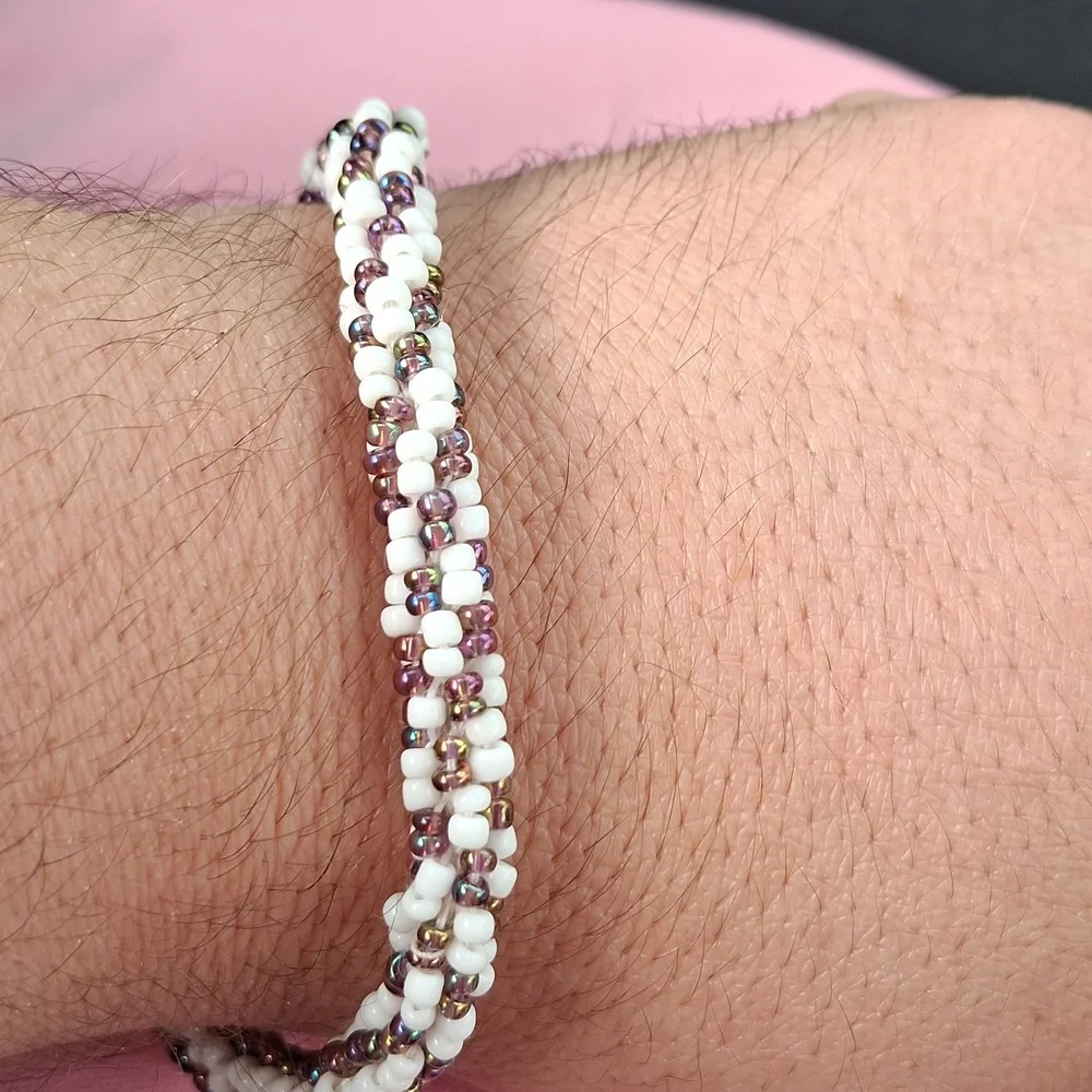 Handmade White Seed Bead Braided Bracelet with Metallic Accents - Picture 3 of 3